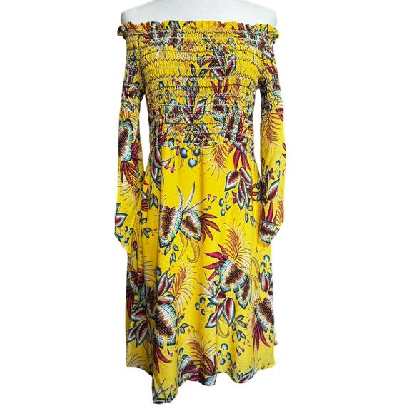 Farm Rio Anthro Bria Smocked Off the Shoulder Yellow Tropical Floral Dress (Med) - Picture 2 of 6